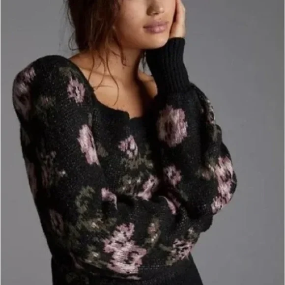 Anthropologie Black and Pink Floral Sweater - Picture 2 of 5